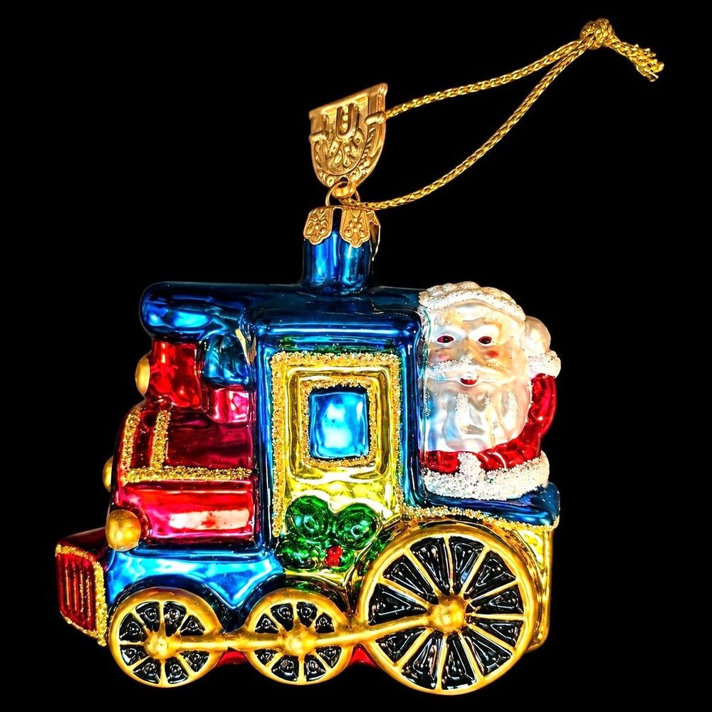 Thomas Pacconi Blown Glass Christmas Ornaments 5 Piece Train in Wood Box 2004